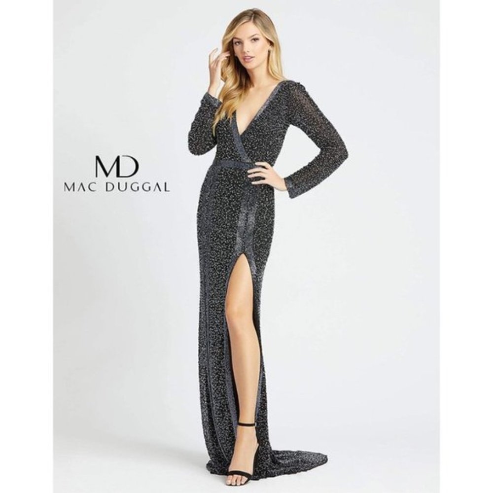 NWT Mac Duggal 4900M Beaded Prom Gown Black Pearl